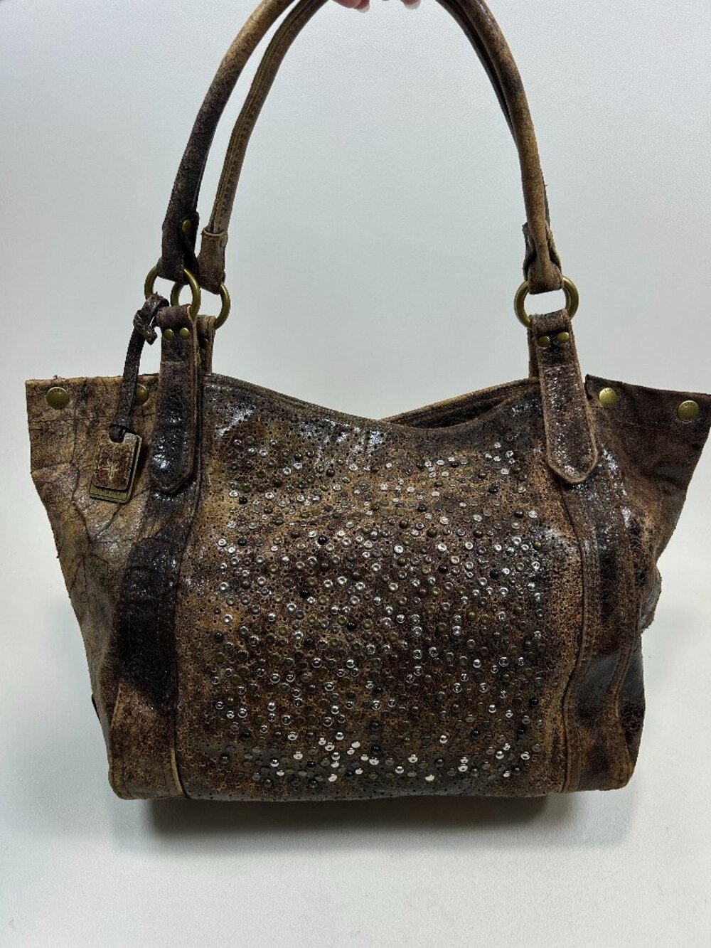 Frye DEBORAH Brn Leather Studded Shoulder Satchel Tote Handbag Distressed Boho